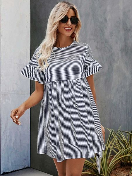 

striped print flounce sleeve smock dress j8go#, Black;gray