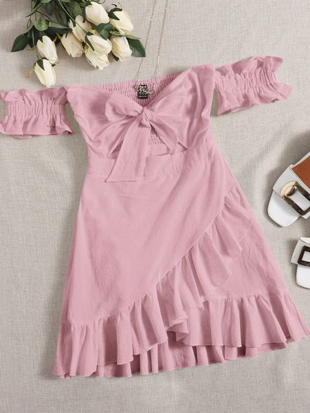 

off shoulder tie front wrap hem dress o7p5#, Black;gray