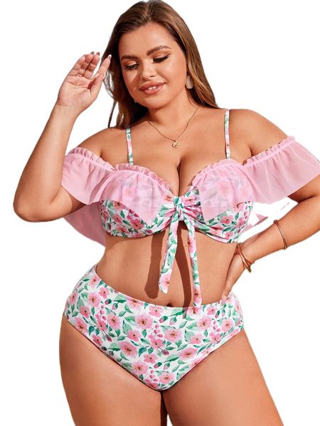 

plus floral contrast mesh knot front bikini swimsuit p92f#, White;black