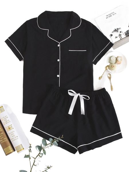 

lapel contrast binding tie front pj set a0i2#, Black;red