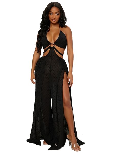 

sxy o-ring cutout split thigh jumpsuit e9wl#, Black;white