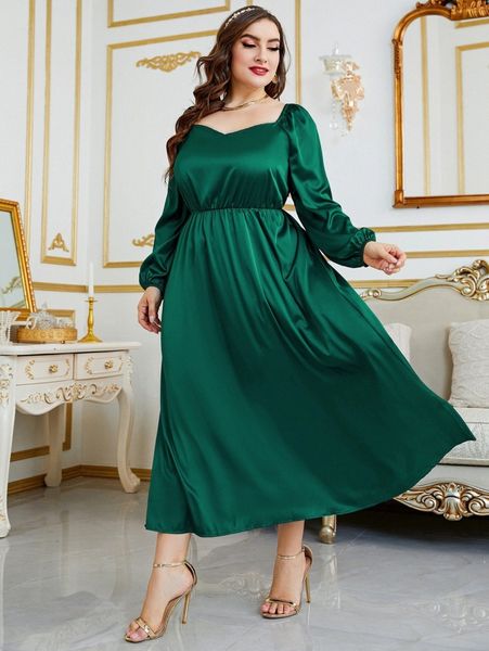 

plus sweetheart neck lantern sleeve satin dress u7jr#, Black