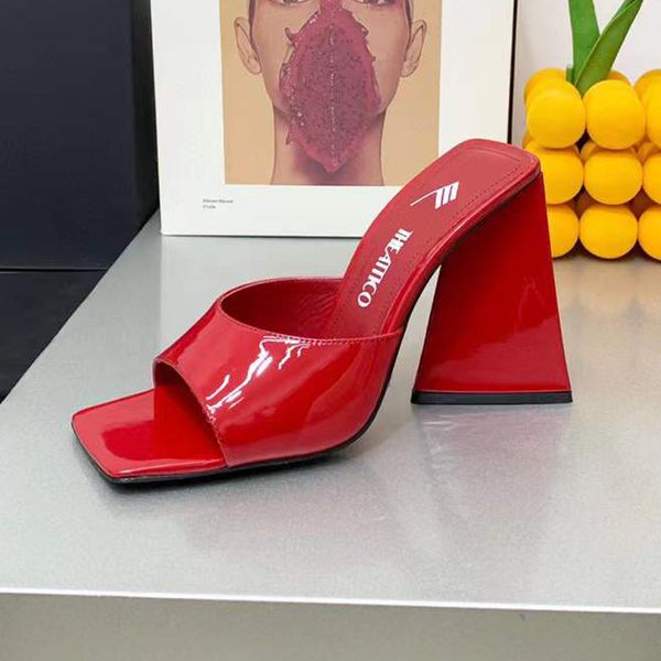 

heeled the attico sandals slippers oxblood red patent calfskin chunky square toe mules high heels shoes slip on slides open toes shoe women, Black