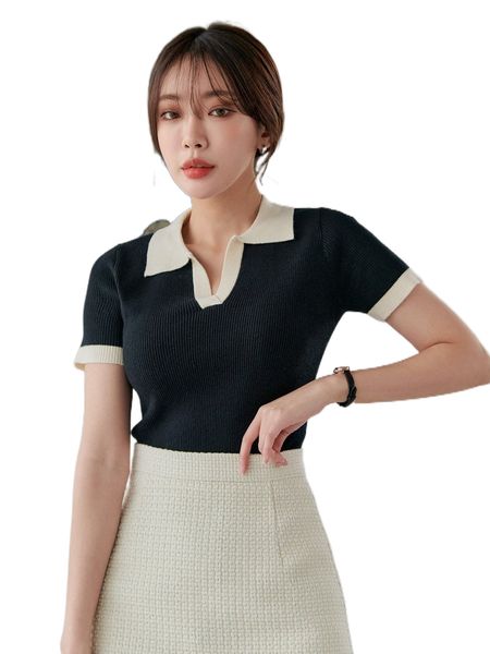 

dazy contrast trim polo neck rib knit g31l#, White;black