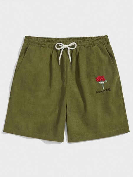 

romwe guys letter floral embroidery corduroy drawstring shorts l1pq#, White;black