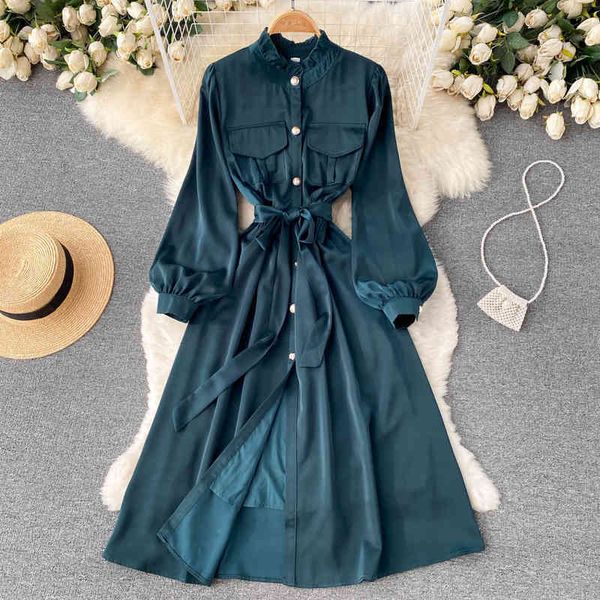 

casual dresses light mature style french shirt skirt length high waist temperament goddess style lace up closing stand collar bubble sleeve, Black;gray