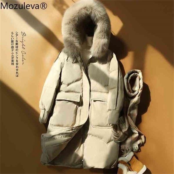 

real hair collar white duck down jacket women temperament big mouth bag winter coat long thickening 210416, Black