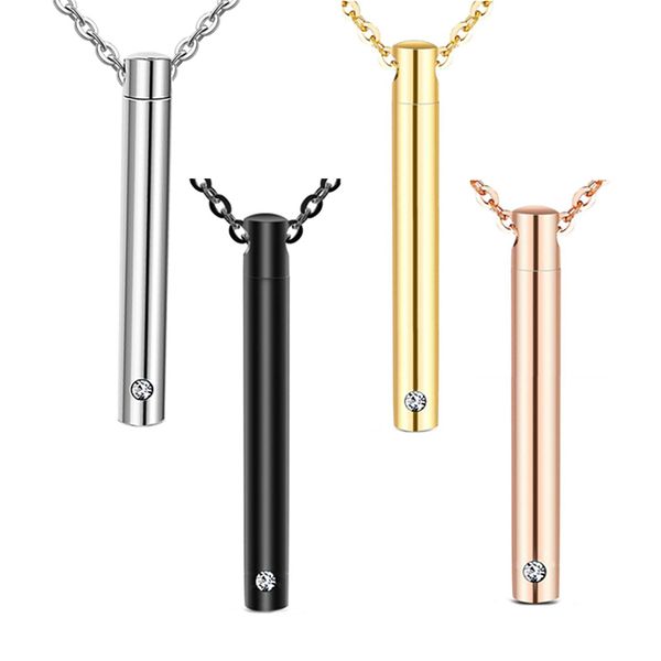 

stainless steel keepsake pendant jewelry cylinder crystal memorial urn pendant slide screw opens cremation necklace for ashes, Silver