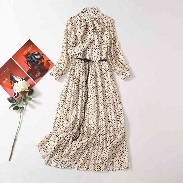 

casual dresses spring women's neckline bow tie heavy industry pleated polka dot dress, Black;gray