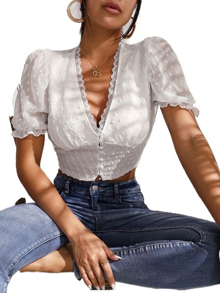 

lace trim puff sleeve swiss dot blouse v32c#, White