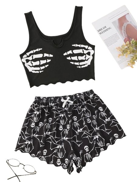 

skull print scallop trim pj set l0lx#, Black;red