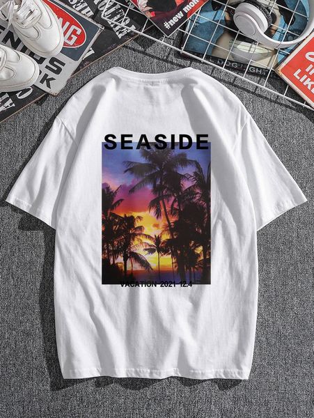 

men coconut tree & letter graphic tee y8xf#, White;black