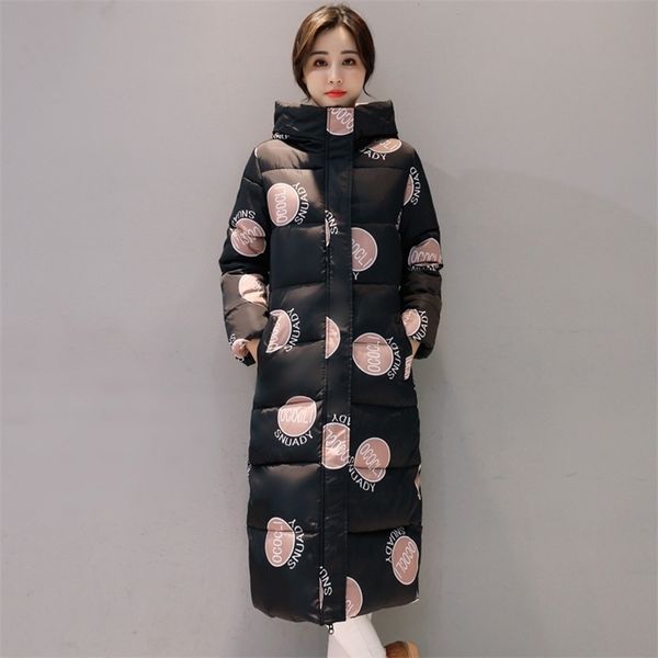 

stand collar hooded women winter jacket printing women's long coat parka warm outwear female chaqueta mujer 201126, Black