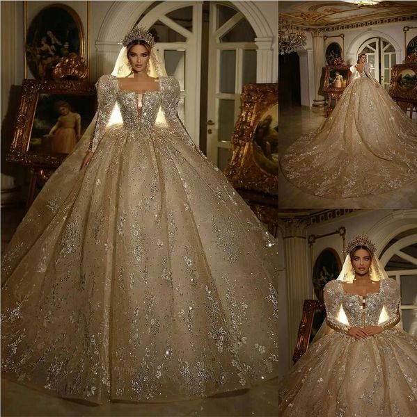 Prinzessin Perlen Ballkleid Brautkleid Puffy Off Schulter Langarm Pailletten Dubai Brautkleider Benutzerdefinierte Perlen Spitze Braut Kleider