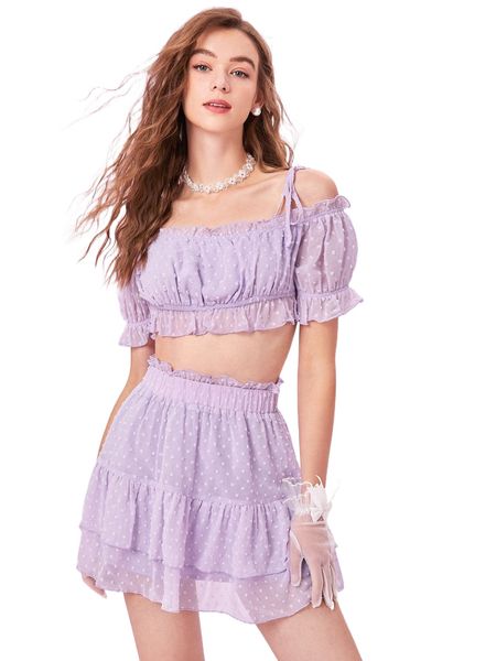 

mod swiss dot cut out tie shoulder crop & layered hem skirt z9de#, White