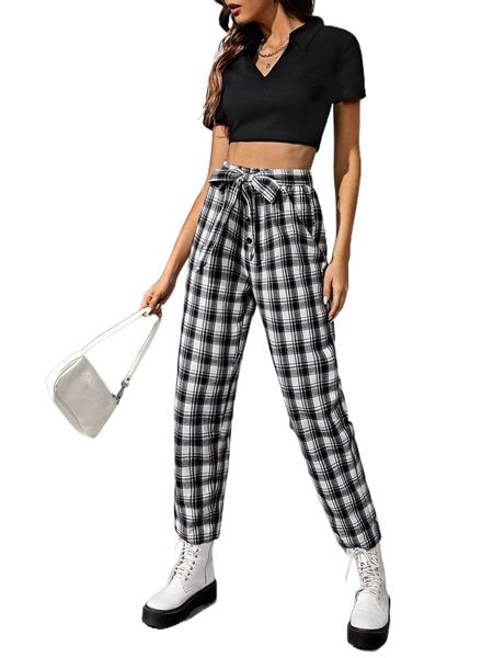 

plaid button front belted pants w9qt#, Black;white
