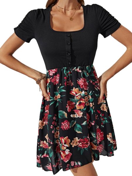

floral print button front dress j7ad#, Black;gray