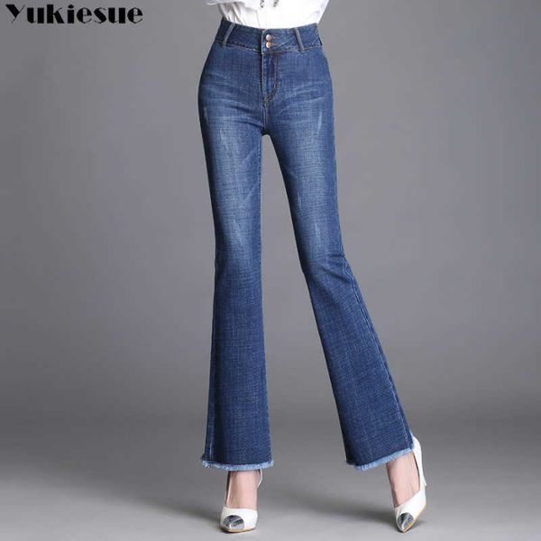 

vintage ripped autumn winter high waist denim female flare jeans for women bell bottom fat mom wide leg skinny woman 210608, Blue