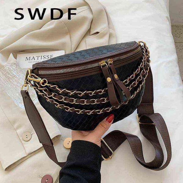 

women's vintage waist bag small chain leather lattice cross senior designer chest handbag 220422