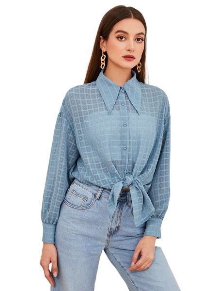 

swiss dot & plaid drop shoulder high low hem shirt y9tz#, White