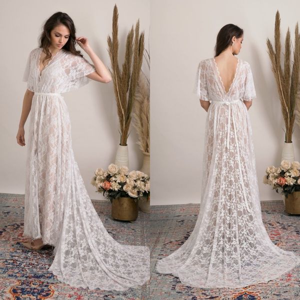 

bohemian wedding dresses for women 2022 elegant lace bridal gowns with train a line backless beach robe de mariage, White