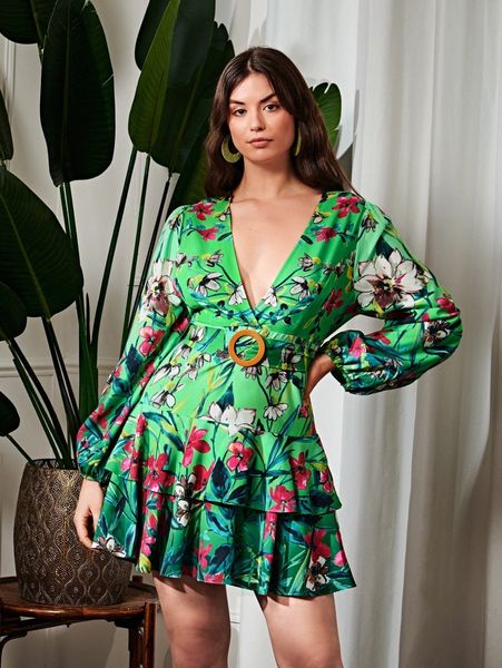 

plus botanical print layered hem dress f0cx#, Black