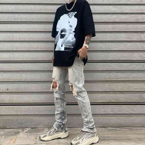 

high knee big jeans street fashion personality hole pants man, Blue