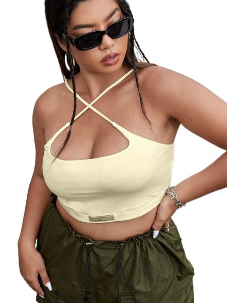 

plus letter patched crisscross front crop cami b1ww#, Black