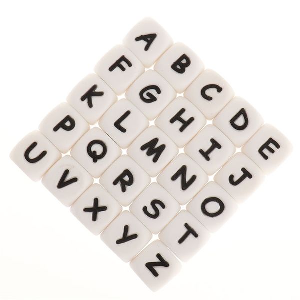 Fkisbox 200 Stück Alphabet Silikon Englische Buchstaben Perlen Würfel BPA Frei Baby Beißringe Personalisierter Name DIY Nagetier Zahnen Anhänger 220507