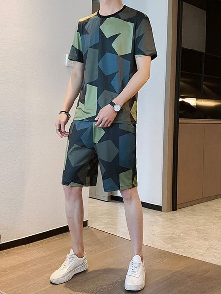 

men star print tee & shorts 65zs#, Gray