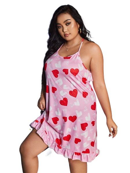 

plus heart print ruffle trim cut out back nightdress j58v#, Black;white