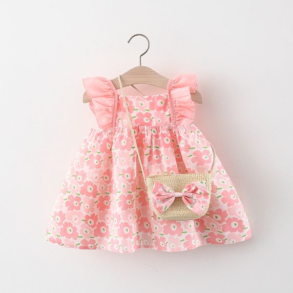 Sommer Neugeborenen Kleid Mode Druck Puppe Kragen Nette Prinzessin Strand Blumen Kleider + Tasche Kleine Mädchen Kleidung