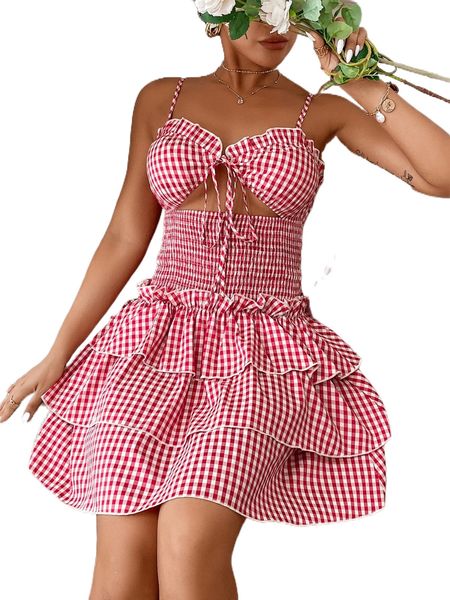 

gingham print knot front cut out shirred layered hem cami dress l8gr#, Black;gray