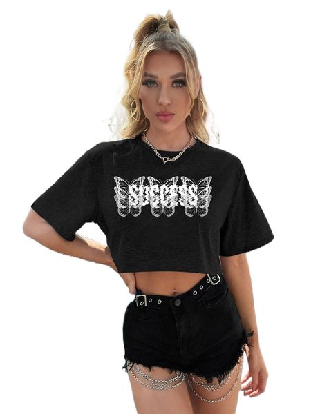 

butterfly & letter graphic crop tee r30w#, White