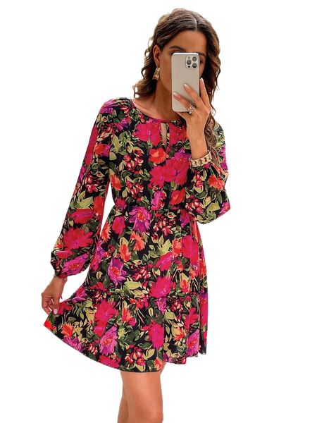 

keyhole neck allover floral a-line dress 94wu#, Black;gray