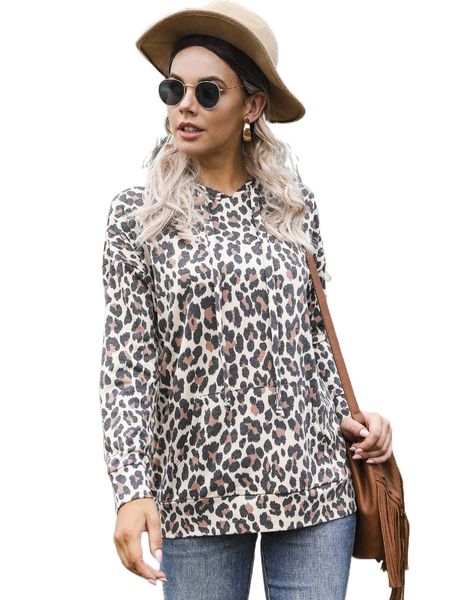 

dearcase leopard drop shoulder drawstring hoodie v2a4#, Black
