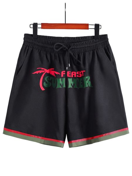 

men palm tree & letter graphic striped trim shorts v8fx#, White;black