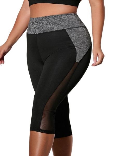 

plus four-way stretch colorblock contrast mesh sports leggings g8nm#, Black