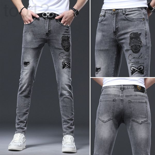 

men's jeans designer embroidered pierced elastic jeans men's 2022 spring and autumn new printed slim leggings q5xa, Blue