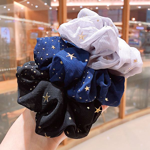 Novo Seda Brilhante Branco Azul Azul Estrela Corda Chiffon Cauda Corda Para Mulher Meninas Diariamente All-Match Elastic Headwear Acessórios De Cabelo Do Cabelo De Cabelo