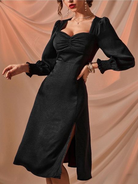 

ruched-bust slit hem satin dress 089k#, Black;gray