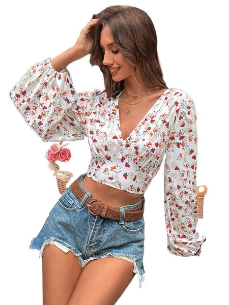 

allover floral print bishop sleeve crop blouse b4qc#, White