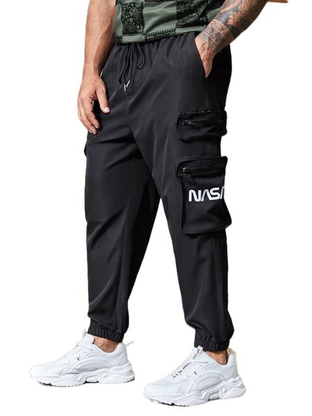 

extended sizes men letter graphic patched pocket pants y8wm#, Black