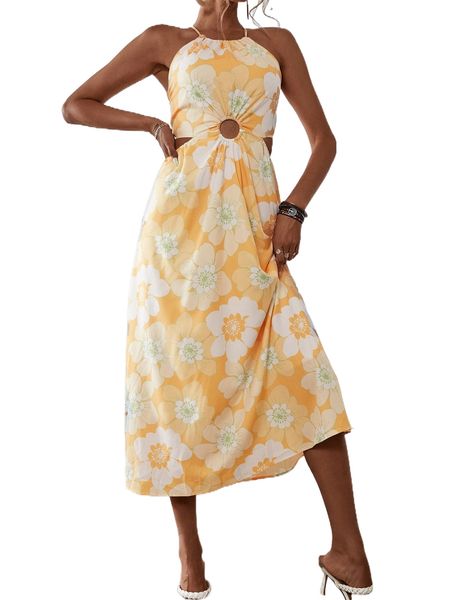 

floral print o-ring linked cut out dress p7rl#, Black;gray