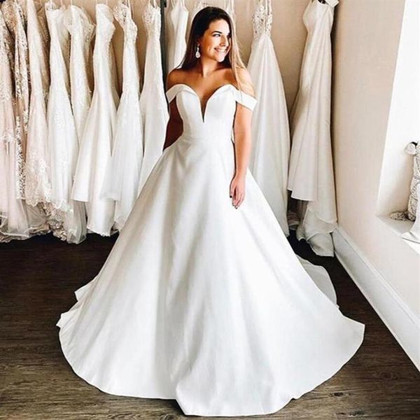 

simple plus size off shoulder a line wedding gowns sweep train satin bridal gowns vestidos de novia custom made, White