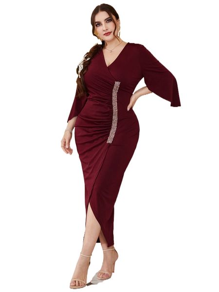 

plus contrast trim split sleeve wrap dress l8ig#, Black