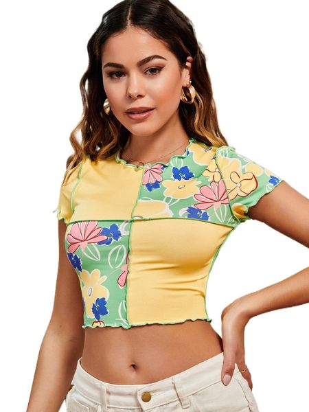 

floral print titching lettuce trim crop tee w8m1#, White