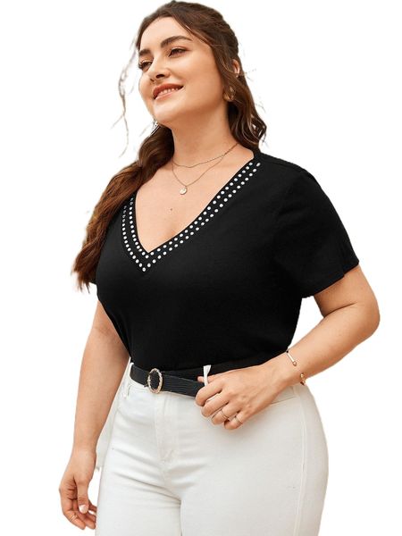 

plus v-neck rhinestone detail tee n9rz#, Black