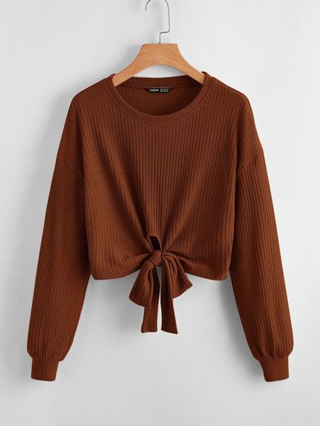 

tie hem drop shoulder rib-knit l7qq#, White