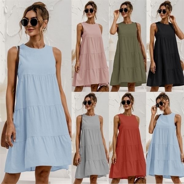 2022 verão feminino colete vestido de algodão o-pescoço sem mangas sólido midi costura grande balanço casual solto vestidos 220507